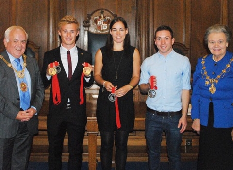 The Mayor of the Borough of Harrogate Councillor Jim Clark, Jack Laugher, Jenny Duncalf, Oliver Dingley and the Mayoress of the Borough of Harrogate Councillor Shirley Fawcett