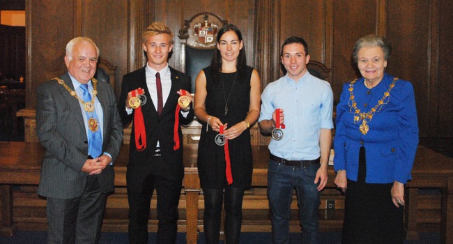 The Mayor of the Borough of Harrogate Councillor Jim Clark, Jack Laugher, Jenny Duncalf, Oliver Dingley and the Mayoress of the Borough of Harrogate Councillor Shirley Fawcett