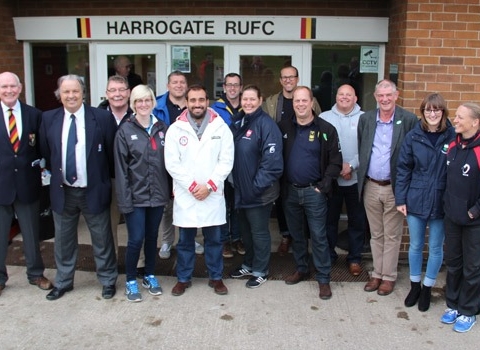 The contingent of Scandinavian visitors with HRUFC president John Finnegan (far left) at the Claro Road ground