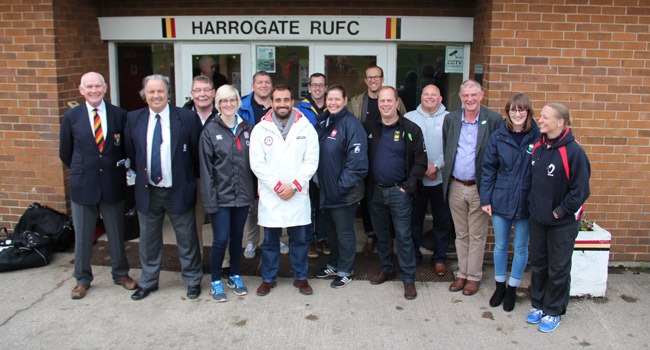 The contingent of Scandinavian visitors with HRUFC president John Finnegan (far left) at the Claro Road ground