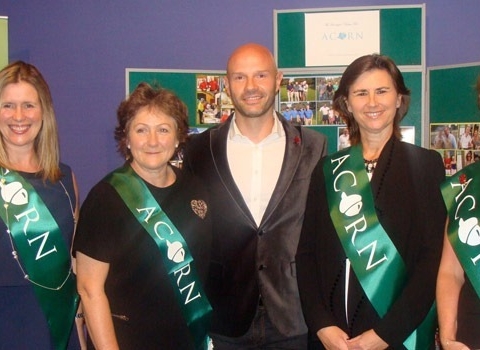 Acorn's Rachel Woodward, Anna Wray, Louise Hanen and Maria Dawson pictured with England footballer Danny Mills