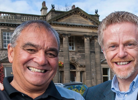 TV sparky Billy Byrne with ElectricRadiatorsDirect MD Paul Walker (right) outside the firm’s Knaresborough head office at Conyngham Hall