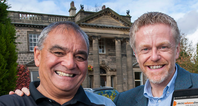 TV sparky Billy Byrne with ElectricRadiatorsDirect MD Paul Walker (right) outside the firm’s Knaresborough head office at Conyngham Hall