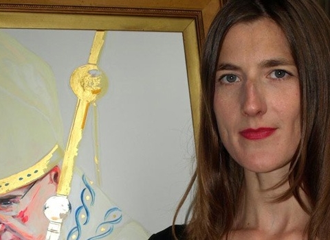 Pope With Pope. Artist Sara Pope with her painting of Pope Francis