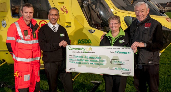 Yorkshire Air Ambulance Paramedic Pete Vallance, Asda Yorkshire Charity Champion and Harrogate store manager Barkat Ali, Asda Harrogate Community Life Champion Angela Smith and YAA Regional Fundraising Manager Tony Doveston