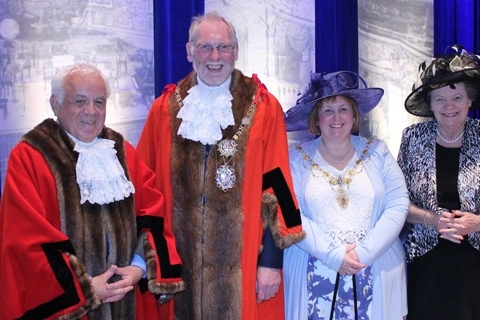 Left to right: Former Mayor of the Borough of Harrogate Councillor Jim Clark, with new Mayor Councillor Nigel Simms, Mayoress Lynn Simms and former Mayoress Councillor Shirley Fawcett