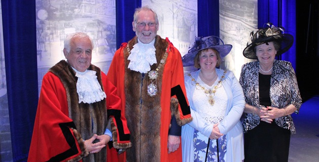 Left to right: Former Mayor of the Borough of Harrogate Councillor Jim Clark, with new Mayor Councillor Nigel Simms, Mayoress Lynn Simms and former Mayoress Councillor Shirley Fawcett