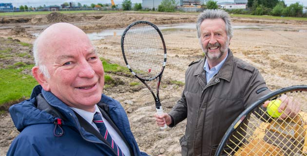 (L to R) are head of Barber Titleys property department, Richard Davis, a partner, with Nigel Bentley of Harrogate Spa Tennis Centre. Work on Phase One of the centre is in progress in the background