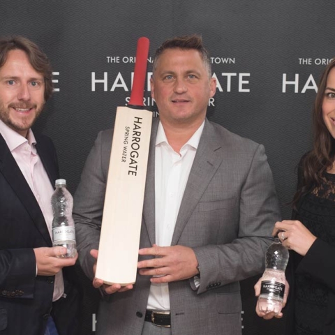 James Cain, managing director of Harrogate Water Brands, with former England cricketer Darren Gough and marketing director Nicky Cain