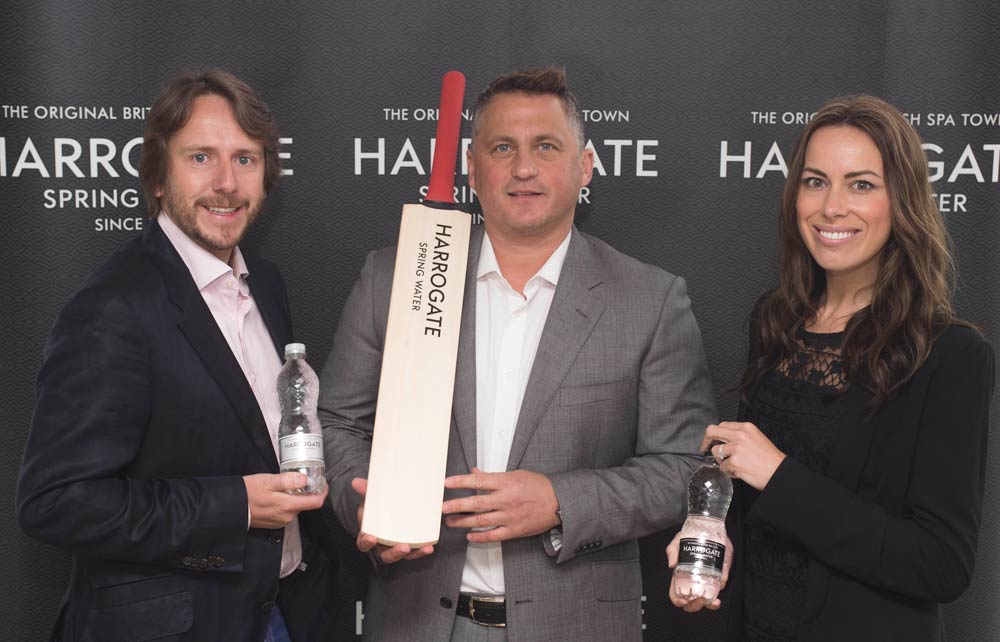 James Cain, managing director of Harrogate Water Brands, with former England cricketer Darren Gough and marketing director Nicky Cain