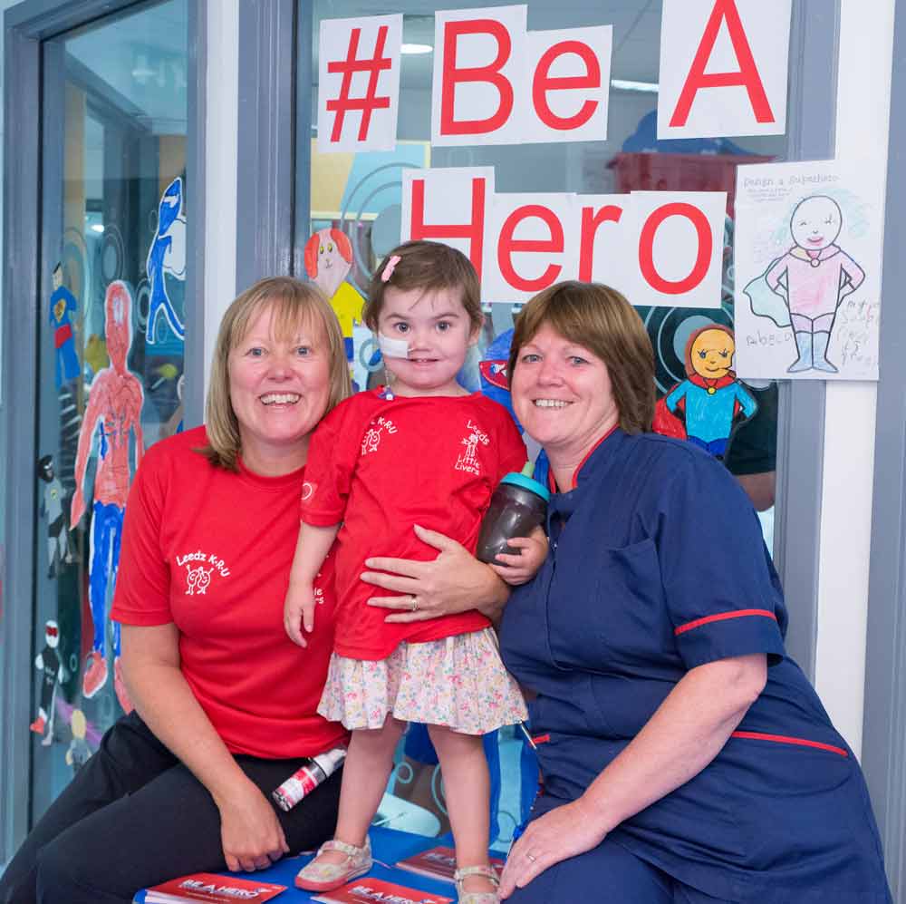 Three-year-old Transplant Games competitor Mia Mason is pictured with Play Leader Lisa Beaumont (left) and Matron Celia McKenzie at Leeds Children’s Hospital
