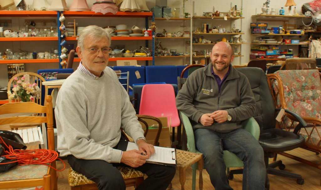 Set To Impress! TV & Film Prop Buyer, Bert Mackay, (right) with Disability Action Yorkshire warehouse supervisor, Colin Mills