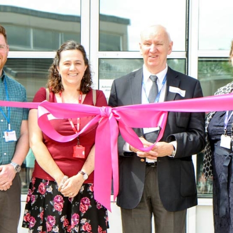 Launching The Starting Point, the new autism educational centre at Henshaws College yesterday, are, from left, Henshaws Development Officer Paul Astick, parent Barbara Grant, Henshaws Education Committee chairman Frank McFarlane, and Principal Angela North.