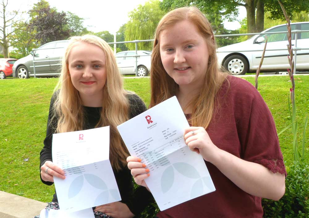 Abi Jameson and Kathryn Schofield celebrate with their A level results at Rossett School