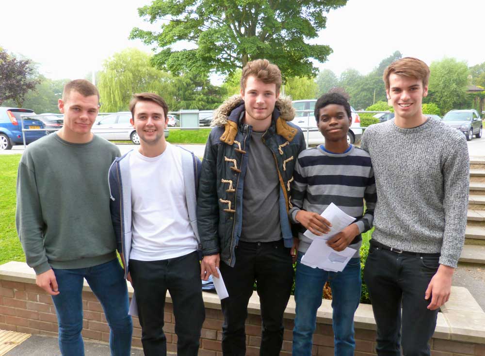 Adam Robertson, Devid Leitch, Reece Robinson, Keith Zhakata and Oliver Bell celebrarte their A level results at Rossett School