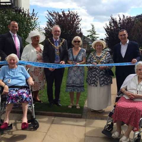 (back l-r): Neil Jones, engineering and sustainability manager, Bupa; Susan Sowden, home manager; Cllr Nigel Simms, Mayor of Harrogate, Pam Grant, president of Harrogate in Bloom; Lynn Simms, Mayoress of Harrogate; Vincent Hart, Bupa. Front (l-r) residents, Mary Norfolk and Constance Taylor.