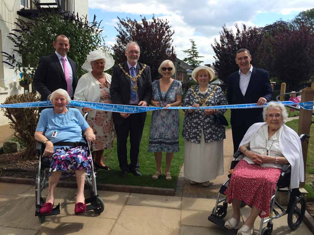 (back l-r): Neil Jones, engineering and sustainability manager, Bupa; Susan Sowden, home manager; Cllr Nigel Simms, Mayor of Harrogate, Pam Grant, president of Harrogate in Bloom; Lynn Simms, Mayoress of Harrogate; Vincent Hart, Bupa. Front (l-r) residents, Mary Norfolk and Constance Taylor.