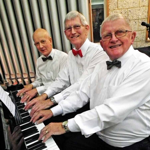 ‘Six Hands in Concert’ with left to right Mike Hughes, Brian Hoare and Malcolm Hughes