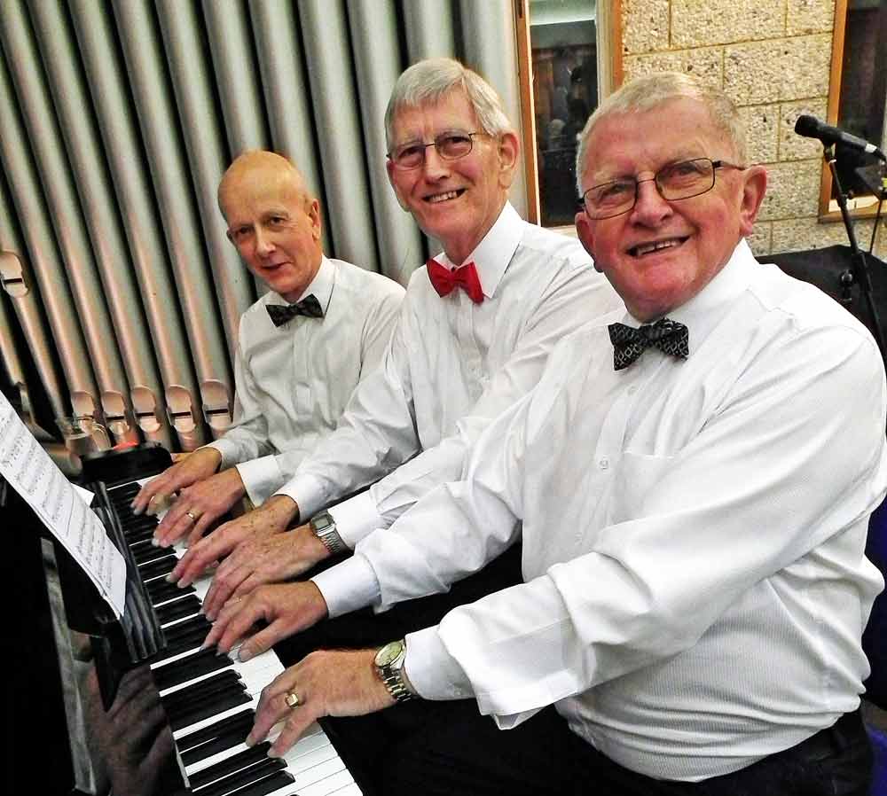 ‘Six Hands in Concert’ with left to right Mike Hughes, Brian Hoare and Malcolm Hughes