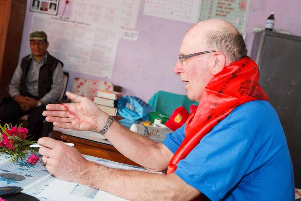 Rotarian (Harrogate Brigantes) Barry Pollard carries out an educational audit at Shree Janahit High School, Panchamul Valley