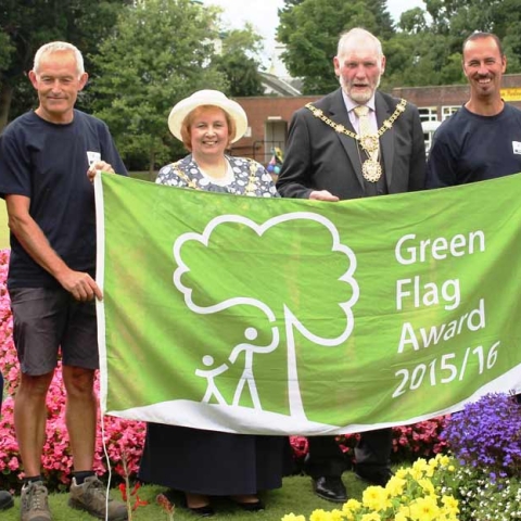 The Mayor of the Borough of Harrogate, Councillor Nigel Simms, and the Mayoress, presenting the parks team at Ripon’s Spa Gardens with their 15th consecutive Green Flag Award, August 2015