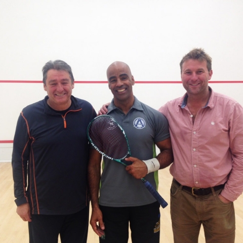 Dave Pearson - Coach, Randolph Victor - squash player, James Gaston - Harrogate Squash & Fitness Club Manager