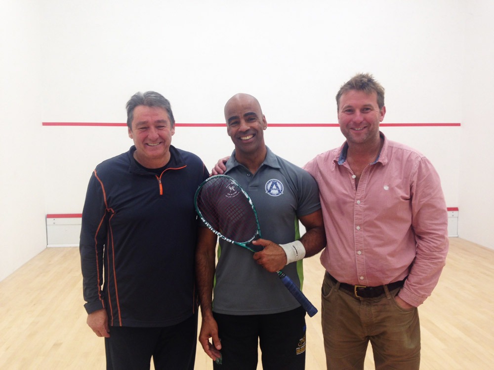 Dave Pearson - Coach, Randolph Victor - squash player, James Gaston - Harrogate Squash & Fitness Club Manager
