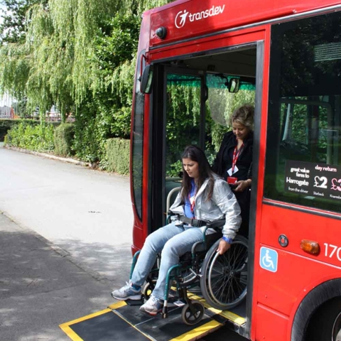 Elisabete Infante and Dee Beach from Guide Dogs put their wheelchair training into practice at Henshaws College using a bus kindly supplied by Transdev