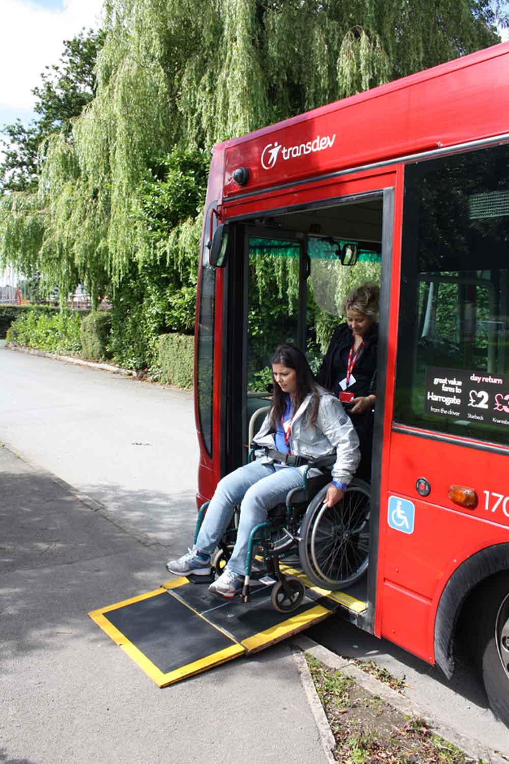 Elisabete Infante and Dee Beach from Guide Dogs put their wheelchair training into practice at Henshaws College using a bus kindly supplied by Transdev