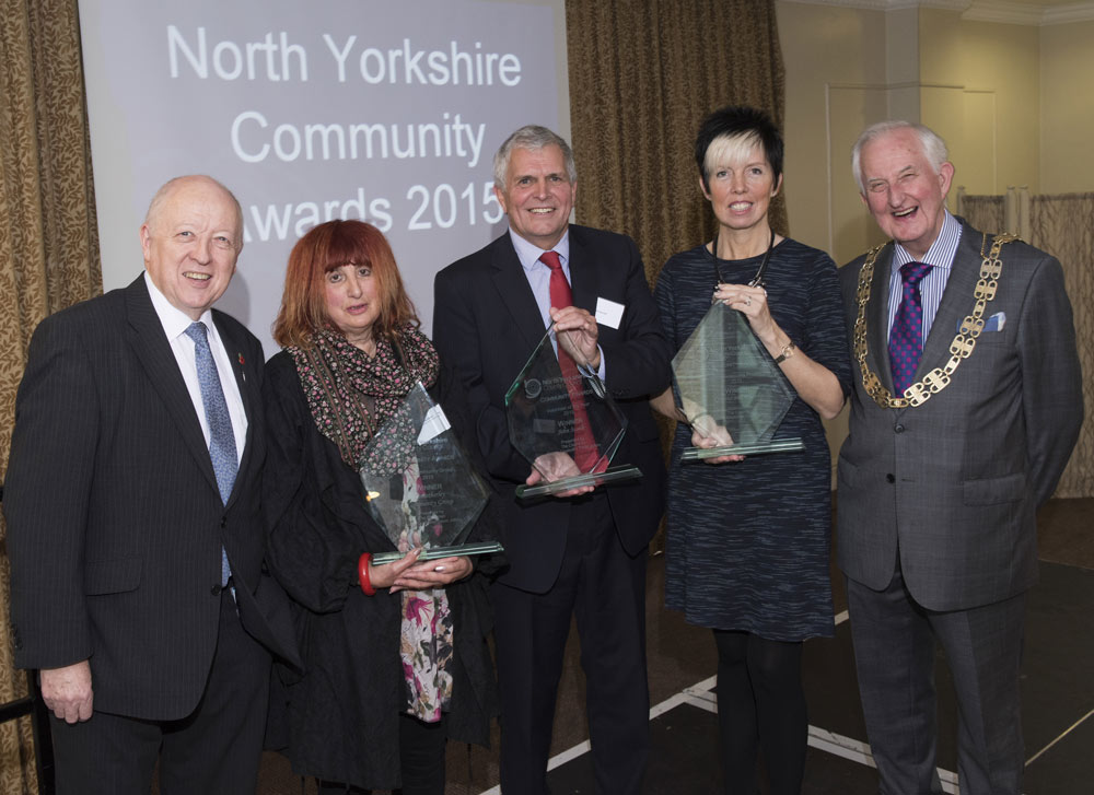 At the awards presentation are, from left, North Yorkshire County Council leader Councillor Carl Les; Eileen Bellett, of winning community group Osmotherley Community Group; volunteer of the year John Scoble; community project winner Corrina Young; and County Council chairman Councillor David Jeffels. Representatives of young people volunteering winner Easingwold School Youthy Peer Mentors were unable to attend because of illness