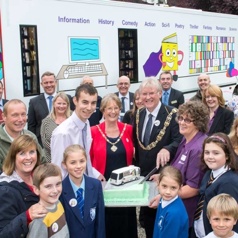 At the launch of the supermobile’s last year, then County Council chairman County Councillor Tim Swales is pictured with livery competition winners Lydia, Josephine, Ben and Katy and supermobile library staff Sheila Higgins and Daniel Ross