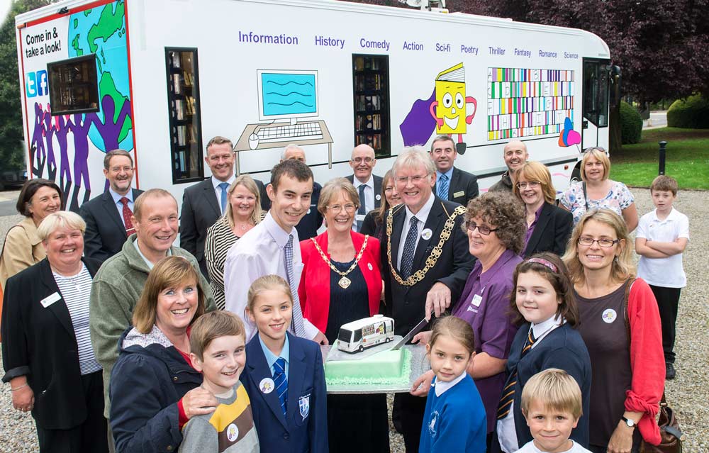 At the launch of the supermobile’s last year, then County Council chairman County Councillor Tim Swales is pictured with livery competition winners Lydia, Josephine, Ben and Katy and supermobile library staff Sheila Higgins and Daniel Ross