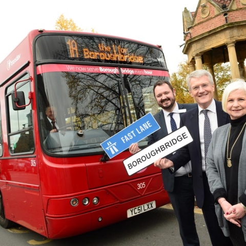 Chief Executive at Transdev Alex Hornby, Parliamentary Under Secretary of State for Transport and MP for Harrogate and Knaresborough, Andrew Jones, and Boroughbridge Deputy Mayor Liz Vose, launch Transdev’s new service in Boroughbridge