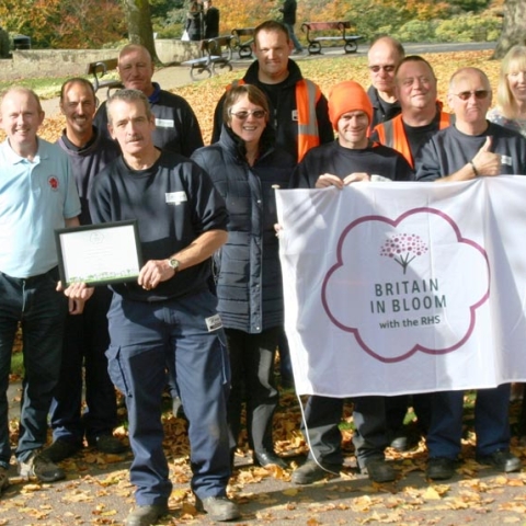 Members of Knaresborough in Bloom and Harrogate Borough Council Parks team celebrate winning Gold at the RHS Britain in Bloom Awards 2015