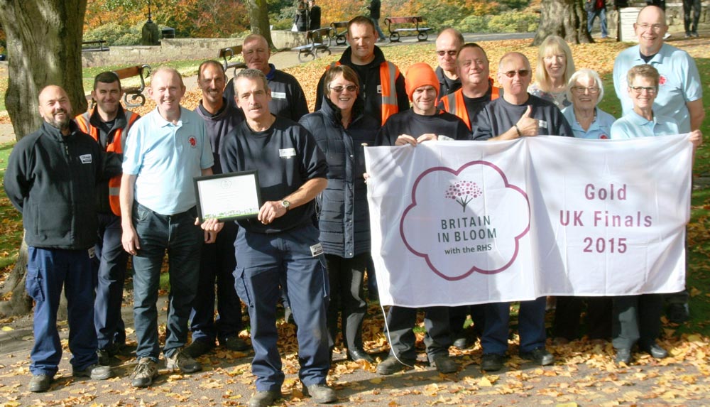 Members of Knaresborough in Bloom and Harrogate Borough Council Parks team celebrate winning Gold at the RHS Britain in Bloom Awards 2015