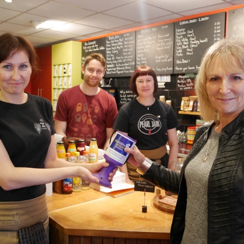 Bean There...Done That! Disability Action Yorkshire chief executive Jackie Snape (front right) with Bean Bud team members Lenha Rybarova, John Davey and Ruth Hampson