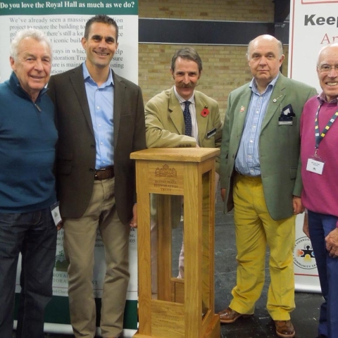 L to R Peter Syson (Royal Hall Restoration Trustee), Richard Penny (Director of Oak By Design), Robert Tilbury, Bill Harriman and Mike Hine (Trustee)