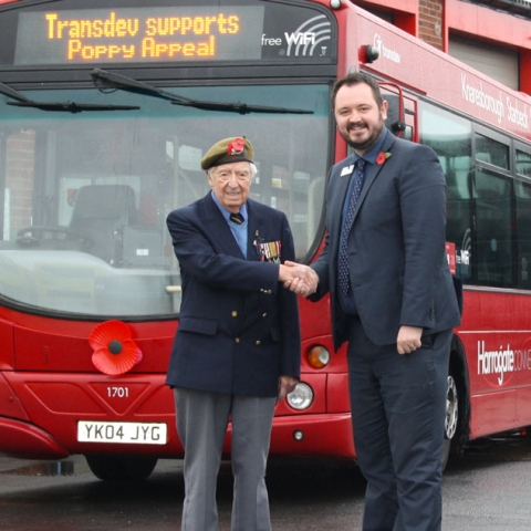 D-Day Veteran and President of the Knaresborough Branch of the Royal British Legion, Ken Haw, and chief executive at Transdev Alex Hornby stand alongside one of the company’s poppy buses