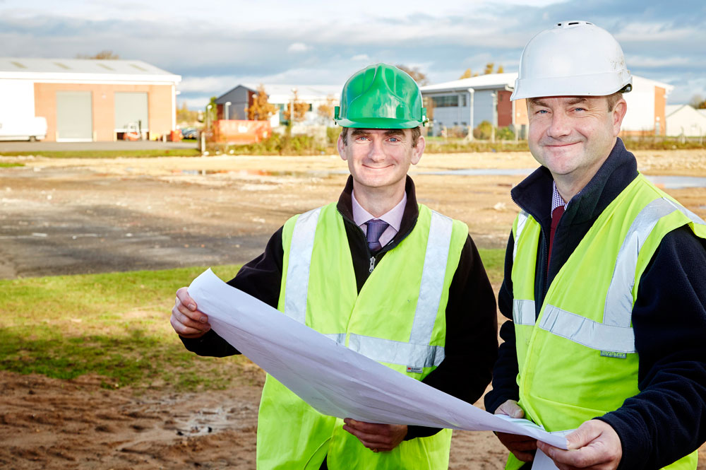 DISTRIBUTION DEAL: Wharfedale Property Management Ltd director, Tim Munns (left) and director of property and construction consultants, LHL Group Ltd, Richard Hampshire, at Thorp Arch Estate, on the site prepared for the new distribution warehouse for Matthew Clarke Wholesale Ltd.