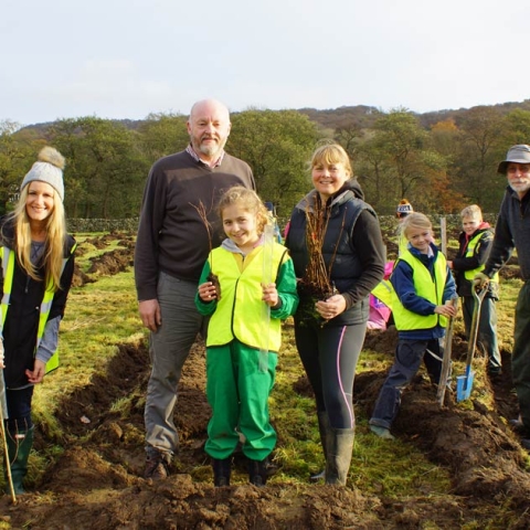 Planting for the Future -  Pictured from left are; Bertie Graham-Bell, Emma Beresford, Michael Emsley, Poppy Spice, Coun Helen Flynn, Olivia Johnson and Phil Lyth