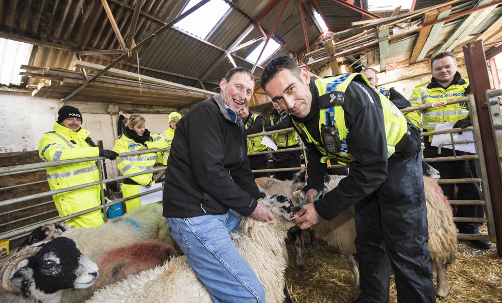 Sergeant Stuart Grainger practises reading an electronic ear tag at a North Yorkshire Police training day in Aysgarth