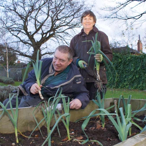 Green Fingered Support! Disability Action Yorkshire service user Wayne Martin helps volunteer Carolyn Rothwell harvest a bumper crop of leeks