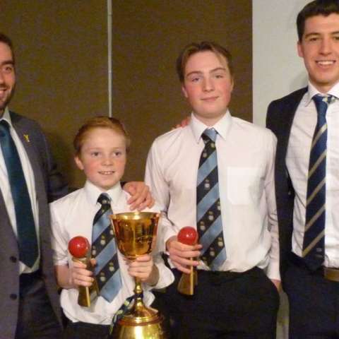 Yorkshire County Cricketers Jack Leaning, Charlie Stokes, Ben Stokes, and Matthew Fisher with the County Championship trophy won by Yorkshire