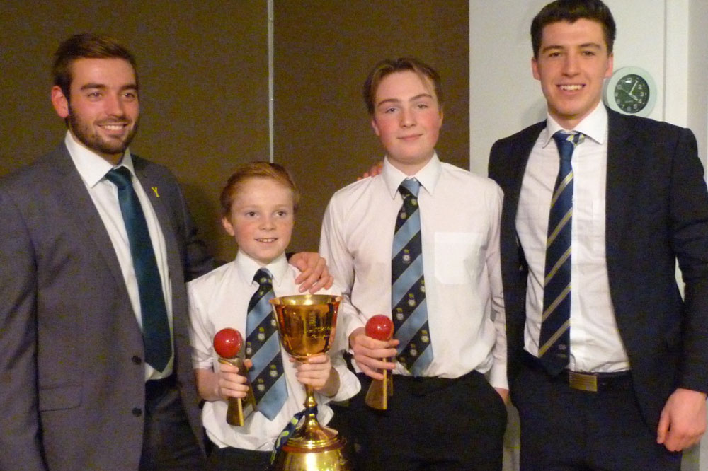 Yorkshire County Cricketers Jack Leaning, Charlie Stokes, Ben Stokes, and Matthew Fisher with the County Championship trophy won by Yorkshire