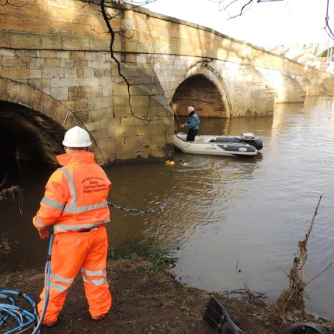 North Yorkshire County Council’s bridge engineers inspect the collapsed River Wharfe bridge at Tadcaster