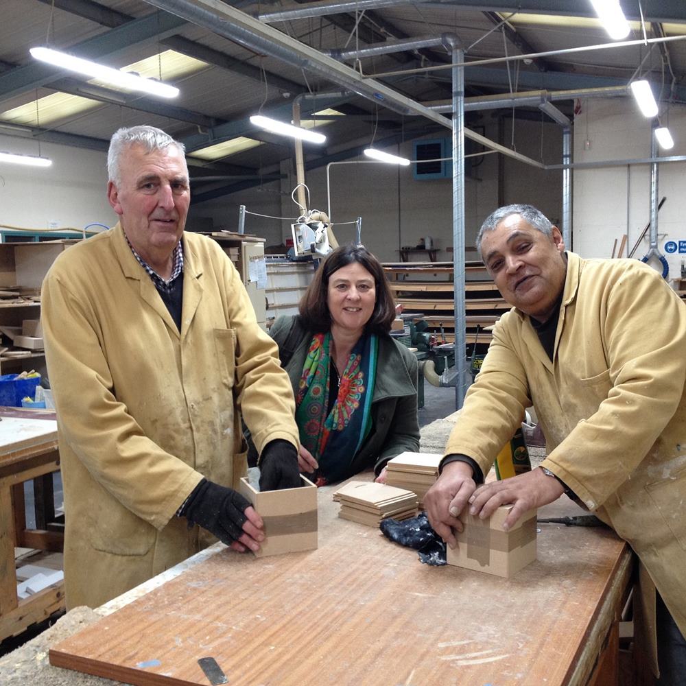 North Yorkshire Police and Crime Commissioner Julia Mulligan joined clients Keith and Colin on the production line at Harrogate mental health charity Claro Enterprises