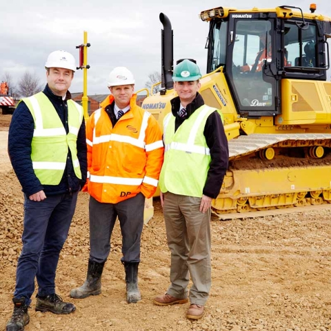 WORK STARTS: pictured (L to R) at the start of work on the new giant distribution hub for Matthew Clarke Wholesale Ltd are: director of property and construction consultants, LHL Group Ltd, Richard Hampshire; Hobson & Porter site manager, Dean Platts and Wharfedale Property Management Ltd director, Tim Munns