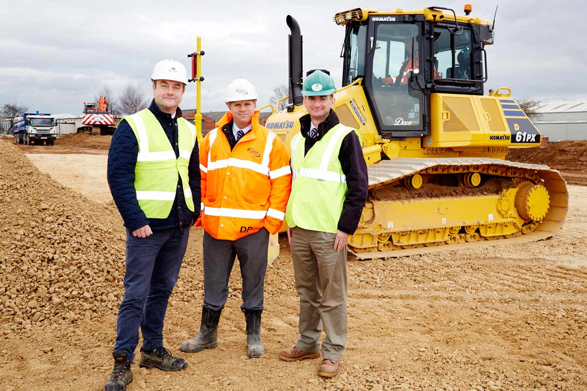 WORK STARTS: pictured (L to R) at the start of work on the new giant distribution hub for Matthew Clarke Wholesale Ltd are: director of property and construction consultants, LHL Group Ltd, Richard Hampshire; Hobson & Porter site manager, Dean Platts and Wharfedale Property Management Ltd director, Tim Munns