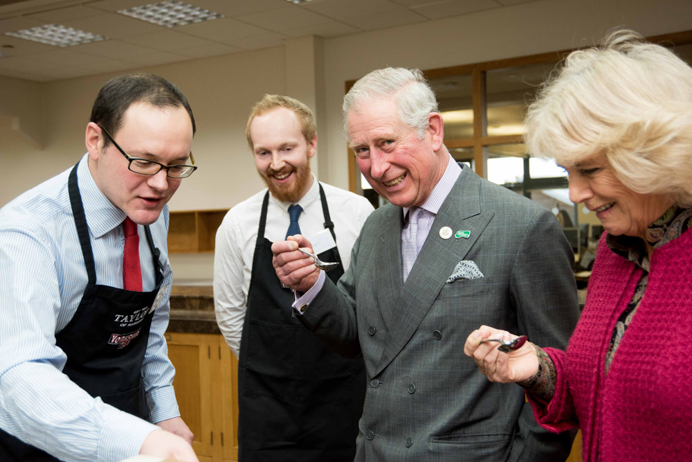 Tea Tasting at Taylors of Harrogate: TRHs in the Tea Tasting room at Taylors of Harrogate with Commodities Director Keith Writer (left) and Assistant Tea Buyer Henry Bookcock