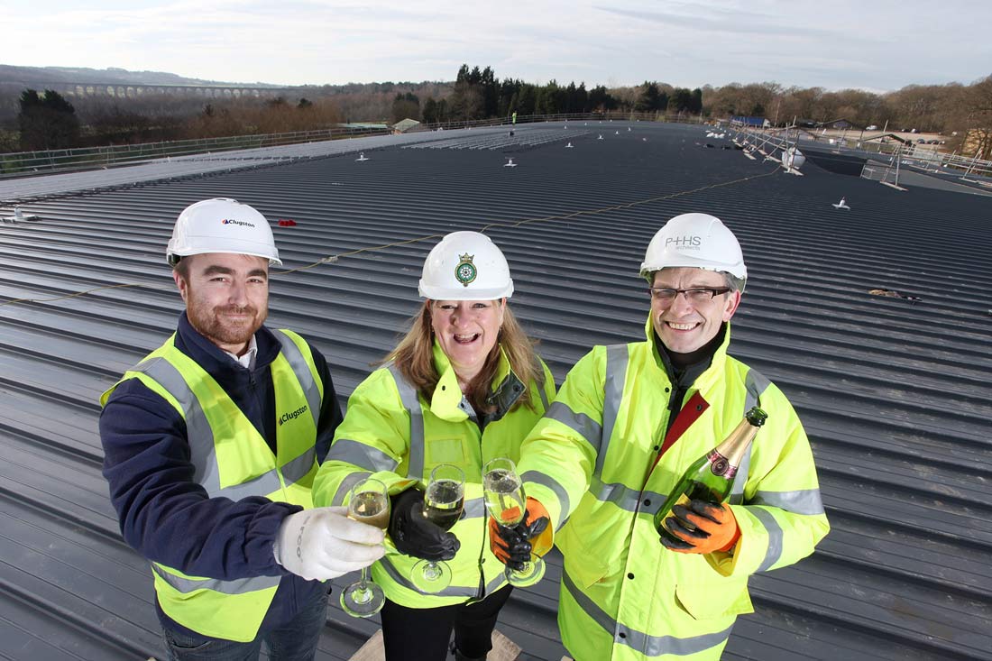 Site Manager of Clugston Construction, Heather Parry, Deputy Chief Executive of the Yorkshire Agricultural Society and Adrian Taylor, Director, P+HS Architects